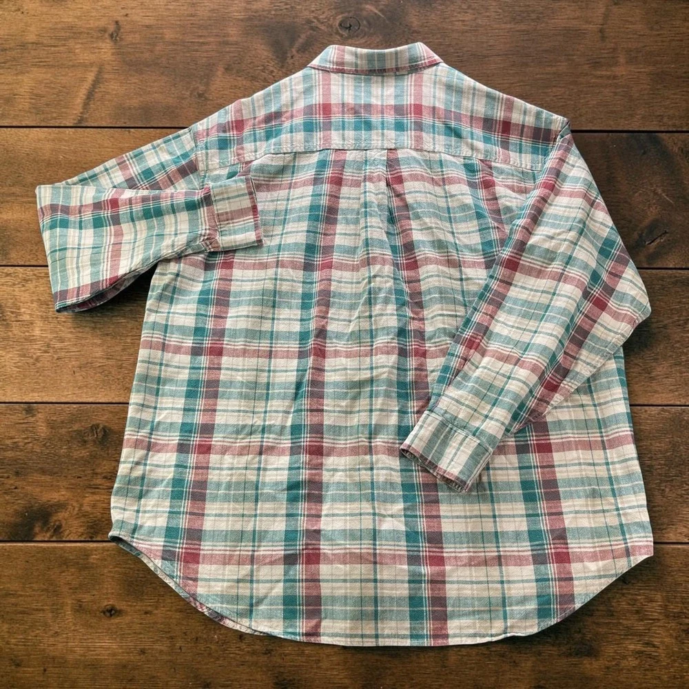Vintage LL Bean Mens XL Linen Cotton Plaid Shirt Teal Burgundy Long Sleeve